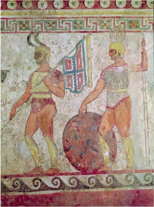Τοιχογραφία με παράσταση δύο πεζών πολεμιστών από τάφο της Ποσειδωνίας (αρχές τον 3ον αι. π.Χ.). Από τον οπλισμό τους φαίνεται ότι πρόκειται για Σαμνίτες, μία από τις ιταλικές φυλές της Κάτω Ιταλίας. (Ποσειδώνια, Μουσείο Paestum)
