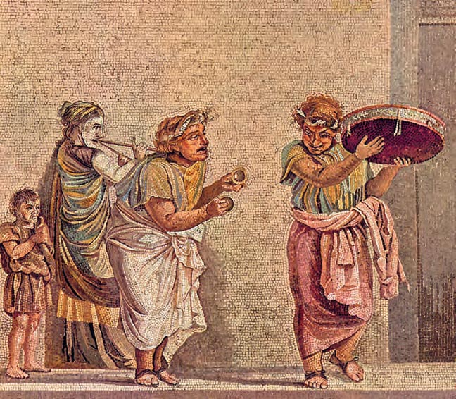 Ψηφιδωτό από την Πομπηία (1ος αι. π.Χ.). Είναι έργο Έλληνα καλλιτέχνη και παρουσιάζει σκηνή από κωμωδία. Απηχεί τις επιλογές και τις αντιλήψεις της «νεόπλουτης» ρωμαϊκής κοινωνίας της εποχής των μεγάλων κατακτήσεων. (Νεάπολη, Εθνικό Αρχαιολογικό Μουσείο)