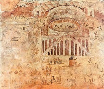 Λεπτομέρεια από τοιχογραφία της Πομπηίας (1ος αι. μ.Χ.). Παράσταση μονομαχιών σε ρωμαϊκό αμφιθέατρο. Οι μονομαχίες ήταν ένα από τα πιο δημοφιλή θεάματα των Ρωμαίων. (Νεάπολη, Εθν. Αρχαίολ. Μουσείο)