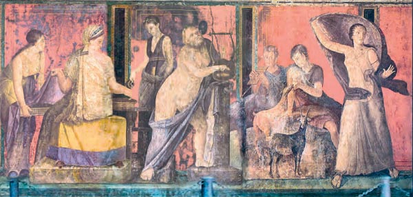 Λεπτομέρεια από τοιχογραφία της Πομπηίας (περ. μέσα 1ου αι. π.Χ.). Σκηνή μύησης στα Διονυσιακά Μυστήρια από την «οικία των Μυστηρίων». Η σκηνή αυτή απηχεί τον τρόπο ζωής και διασκέδασης των πλούσιων Ρωμαίων.