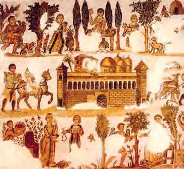Ψηφιδωτή παράσταση από τη Β. Αφρική. Εικονίζεται αγρόκτημα και σκηνές που εκτυλίσσονται μέσα α' αυτό (β' μισό του 4ου αι. μ.Χ.). Τα μεγάλα αγροκτήματα - latifiindia - άρχισαν να δημιουργούνται στην Ιταλική χερσόνησο από το 2ο αι. π.Χ. (Πόλη της Τύνιδας, Εθνικό Μουσείο Bardo)