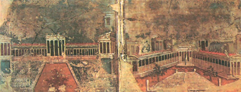 Τμήματα τοιχογραφίας από την Πομπηία (1ος αι. μ.Χ.). Εικονίζει επαύλεις. Οι πλούσιοι, κυρίως οι ιδιοκτήτες μεγάλων εκτάσεων γης, κατοικούσαν σε ανάλογες επαύλεις. (Νεάπολη, Εθνικό Μουσείο)
