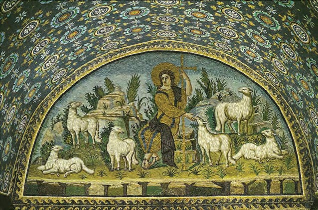 Ψηφιδωτό από το μαυσωλείο* της Γάλλας Πλακίδιας στη Ραβέννα (περ. 425). Παράσταση του Χριστού, ως Καλού Ποιμένος, ανάμεσα σε πρόβατα. Η Ραβέννα, με τα αρχιτεκτονικά της μνημεία και την εσωτερική τους διακόσμηση  από εξαίρετης τέχνης ψηφιδωτά, αποτελεί ένα μεγάλο καλλιτεχνικό κέντρο της παλαιοχριστιανικής περιόδου.