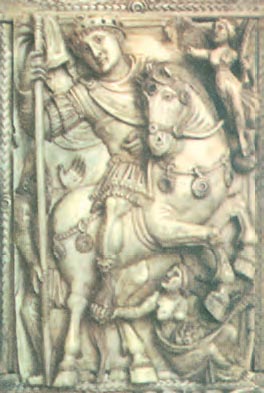 Ελεφαντοστέινο πλακίδιο από το δίπτυχο* Barberiiu. Παρουσιάζει έφιππο τον αυτοκράτορα, πιθανότατα τον Ιουστινιανό, ως θριαμβευτή. (Παρίσι, Μουσείο Λούβρου)