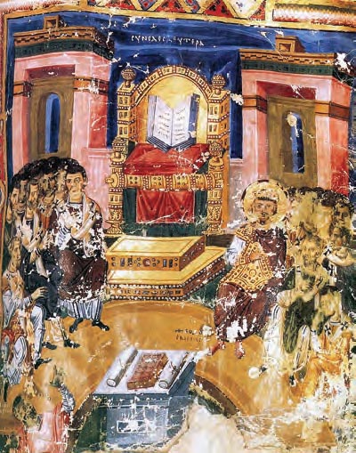 Μικρογραφία χειρογράφου τον 9ου αι. Με λόγους του Γρηγόριου Ναζιανζηνού. Εικονίζονται επίσκοποι και ιερείς στη Β' οικουμενική σύνοδο της Κωνσταντινούπολης. Οι αποφάσεις της συμπλήρωσαν το «Σύμβολο της Πίστεως». Στο θρόνο το ανοικτό Ευαγγέλιο συμβολίζει την παρουσία τον Χριστού. (Παρίσι, Εθνική Βιβλιοθήκη)