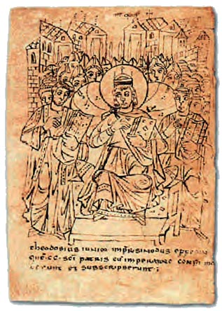 Μικρογραφία χειρογράφου των αρχών του 9ου αι. Εικονίζει το Θεοδόσιο Β' ανάμεσα σε επισκόπους και ιερείς της Γ' Οικουμενικής συνόδου. (Vercelli, Βιβλιοθήκη Αρχιεπισκοπής) 