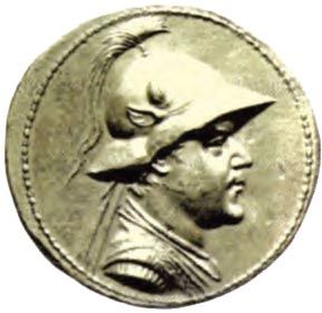 Χρυσό νόμισμα με το κεφάλι του Ευκρατίδη, βασιλιά του ελληνικού βασιλείου της Βακτρίας. Είναι ο πρώτος Έλληνας ηγεμόνας που έφερε τον τίτλο «Μέγας», χαραγμένο πάνω σε νόμισμα (α΄ μισό 2ου αι. π.Χ.).  (Παρίσι, Εθνική Βιβλιοθήκη) 