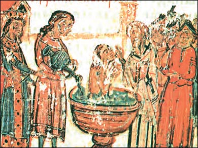 Η βάπτιση τον βούλγαρου ηγεμόνα Βόρη (Μιχαήλ). Μικρογραφία από το σλαβονικό χειρόγραφο της Χρονογραφίας τον Κωνσταντίνου Μανασσή (Ρώμη, Βατικανή Βιβλιοθήκη).