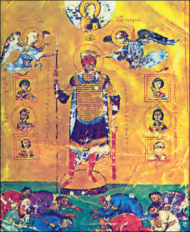 Οι αντίπαλοι του Βασιλείου Β' προσκυνούν το θριαμβευτή αυτοκράτορα που δέχεται τα σύμβολα της εξουσίας του από τους αγγέλους. Μικρογραφία από χειρόγραφο ψαλτήρι των αρχών τον 11ου αιώνα (Βενετία, Μαρκιανή Βιβλιοθήκη).