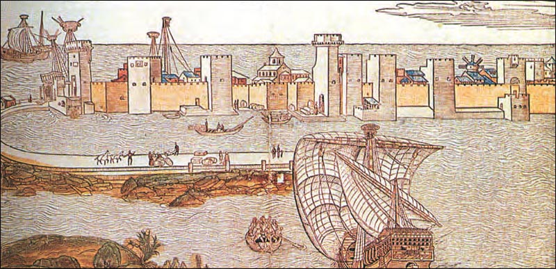 Το λιμάνι της Μεθώνης μια από τις κυριότερες βάσεις της Βενετίας στην Ανατολή, κατά το 15ο αι. (Αθήνα. Γεννάδειος Βιβλιοθήκη).