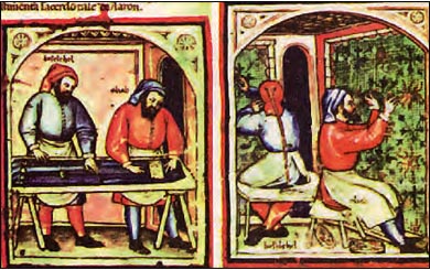 Κατασκευαστές ενδυμάτων και ταπετσαριών. Από ιταλικό χειρόγραφο που χρονολογείται περί το 1400.