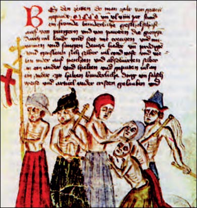 Πορεία αυτομαστιγούμενων κατά το έτος 1348. Μικρογραφία από χειρόγραφο του 14ου αι. Σύμφωνα με το κείμενο οι προσκυνητές περιφέρονταν με σταυρούς και σημαίες στα χέρια, προσπαθώντας να εξορκίσουν την πανούκλα.