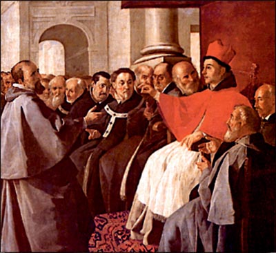 Η σύνοδος της Λυών (1274). Ο Καρδινάλιος Μποναβεντούρα, που υποστήριζε την αναγκαιότητα της ένωσης των δύο εκκλησιών, υποδέχεται τους απεσταλμένους του Βυζαντίου και συνομιλεί μαζί τους (ελαιογραφία, Παρίσι, Λούβρο).