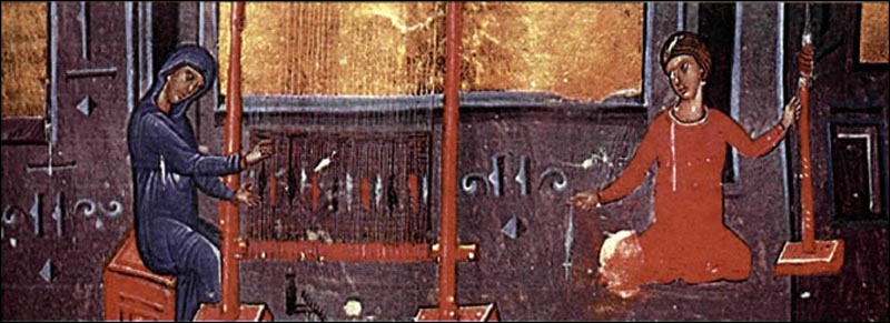 Στα μέσα τον 14ου αι. μνημονεύεται η ύπαρξη βιοτεχνίας υφασμάτων στη Θεσσαλονίκη. Στην εικόνα: εργαστήριο υφαντικής Μικρογραφία από χειρόγραφο του Μου αι. (Ρώμη, Βιβλιοθήκη τον Βατικανού).