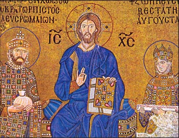 Ο Ιησούς Χριστός ανάμεσα στον αυτοκράτορα Κωνσταντίνο Θ' Μονομάχο (1042-1055) και τη σύζυγο τον Ζωή