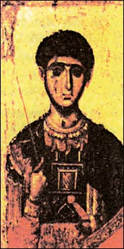 Άγιος Δημήτριος, φορητή εικόνα, γύρω στα 1300, αυγοτέμπερα σε ξύλο, εργαστήριο Πανσελήνου, Μονή Βατοπεδίου, Άγιον Όρος.