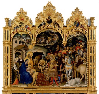 Τζεντίλε ντα Φαμπιάνο (1370-1427), Η προσκύνηση των Μάγων, 1423, Φλωρεντία, Πινακοθήκη Ουφίτσι. Χαρακτηριστικό έργο τον διεθνούς γοτθικού ρυθμού, που κυριαρχούσε στην Ευρώπη ως το 1450 περίπου. Ο πίνακας αποδεικνύει τη μεγάλη αλλαγή στην απόδοση των θρησκευτικών θεμάτων. Το θέμα της Γέννησης περιορίζεται σε σπουδαιότητα και τονίζεται το κοσμικό στοιχείο με την απεικόνιση της κοινωνίας των αριστοκρατών και των αστών.