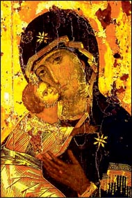 Η Παναγία του Βλαδιμίρ, η πιο δημοφιλής ρωσική εικόνα και αριστούργημα της βυζαντινής ζωγραφικής, 12ος αι. (Μόσχα, Πινακοθήκη Τρετιάκοφ).