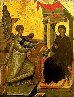 Ο Ευαγγελισμός. Η μία πλευρά αμφυπρόσωπης βυζαντινής εικόνας, γύρω στα 1295, τέμπερα σε ξύλο, Αχρίδα, Εθνικό Μουσείο. (Η εικόνα προέρχεται από την Κωνσταντινούπολη).