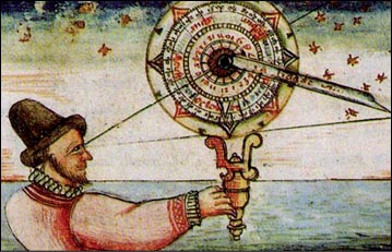 Αστρολάβος, όργανο προσδιορισμού τον γεωγραφικού πλάτους με βάση την παρατήρηση των άστρων, από μικρογραφία τον 16ου αι. Παρίσι, Εθνική Βιβλιοθήκη