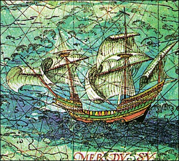 Η καραβέλα, τύπος πλοίου, κατάλληλου για ταξίδια στην ανοικτή θάλασσα και τον ωκεανό. Σχέδιο του Guillaume de Testu, 1555, Παγκόσμια Κοσμογραφία. Vincennes, Υπηρεσία Ιστορίας Στρατού.