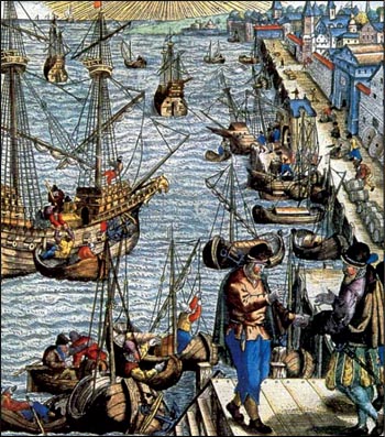 Άποψη του λιμανιού της Λισαβόνας, απ' όπου ξεκινούσαν τα μεγάλα εξερευνητικά ταξίδια των Πορτογάλων. Γκραβούρα τον Θεοδώρου de Bry, 1562. Παρίσι, Υπηρεσία Ιστορίας Ναυτικού.
