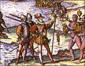 Οι ιθαγενείς τον Σαν Σαλβαδόρ (Αγίου Σωτήρα) υποδέχονται τον Κολόμβο και τους Ισπανούς. Γκραβούρα του Θεοδώρου de Bry, 1602. Παρίσι, Εθνική Βιβλιοθήκη.