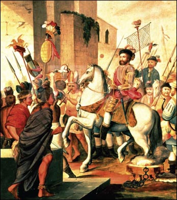 Ο Κορτές (Fernando Cortez, 1485-1547 ), ένας από τους Ισπανούς κατακτητές (conqistadores), εισέρχεται θριαμβευτικά στην πρωτεύουσα των Αζτέκων Τλαξκάλα (Μεξικό). Έργο του Alvarez Solis. Μαδρίτη, Μουσείο της Αμερικής.