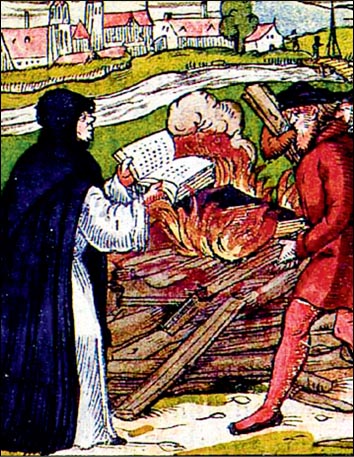 Ο Λούθηρος συνοδευόμενος από πλήθος μαθητών του καίει τη βούλλα του πάπα στις 10 Δεκεμβρίου του 1520 στην πλατεία της Βιτεμβέργης. Γκραβούρα του 16ου αι. Παρίσι, Εθνική Βιβλιοθήκη.