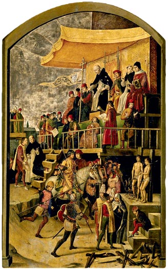 Σκηνή από καύση στην πυρά. Πίνακας του Πέντρο Μπερρονγκέτε (Pedro Berruguete, 1504). Μαδρίτη, Μουσείο Prado