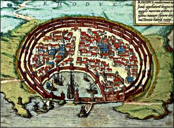 Η Ρόδος, κτήση των Ιωαννιτών Ιπποτών και μια από τις πλέον οχυρωμένες πόλεις, άντεξε επί πέντε μήνες την πολιορκία, πριν παραδοθεί τελικά στα χέρια των Τούρκων το 1522. Στην εικόνα, η πόλη της Ρόδου με τις ισχυρές οχυρώσεις της. Αθήνα, Γεννάδειος Βιβλιοθήκη.
