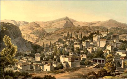 Η Πορταριά, ένα από τα χωριά του Πηλίου, φημισμένη για την κατασκευή υφασμάτων και για τον καλαίσθητο οικισμό της. Αθήνα, Γεννάδειος Βιβλιοθήκη.