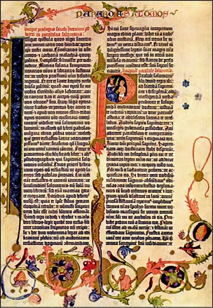 Το πρώτο βιβλίο που τυπώθηκε ήταν η Βίβλος στο τυπογραφείο τον Γουτεμβέργιου. Στην εικόνα, μια από τις σελίδες της, Παρίσι, Εθνική Βιβλιοθήκη.