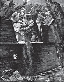 Γιορτή τον τσαγιού της Βοστώνης. Τη νύχτα της 16ης προς τη 17η Δεκεμβρίου 1773, αγανακτισμένοι κάτοικοι της Βοστώνης μεταμφιεσμένοι σε Ινδιάνους ρίχνουν στη θάλασσα 340 κιβώτια τσαγιού πον ανήκαν στην αγγλική εταιρεία των Ινδιών. Γκραβούρα του 1773. Παρίσι, Εθνική Βιβλιοθήκη.