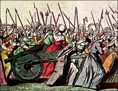 Πορεία οπλισμένων γυναικών προς τις Βερσαλλίες εναντίον του Λουδοβίκου (5 Οκτωβρίου 1789), Γκραβούρα εποχής. Παρίσι, Μουσείο, Καρναβαλέ.