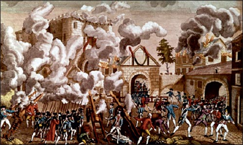 Η Άλωση της Βαστίλλης, 14 Ιουλίου 1789. Η Βαστίλλη ήταν φρούριο του 14ου αιώνα στην ανατολική πλευρά του Παρισιού. Το 18ο αιώνα χρησιμοποιούνταν ως φυλακή πολιτικών κρατουμένων, αντιπάλων του Παλαιού Καθεστώτος. Έτσι, το φρούριο αυτό έγινε σύμβολο του απολυταρχισμού. Έργο του Ντυμπουά, 18ος αι., Παρίσι, Μουσείο Καρναβαλέ.