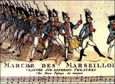 Γάλλοι πατριώτες τραγουδούν τη Μασσαλιώτιδα.Γκραβούρα εποχής. Παρίσι. Εθνική Βιβλιοθήκη.
