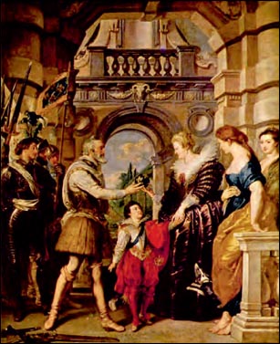 Π.Π. Ρούμπενς, Παράδοση της αντιβασιλείας από τον Ερρίκο Δ' στη Μαρία των Μεδίκων, 1622-1625, λάδι σε μουσαμά. Ένας από τους 21 πίνακες της σειράς "Η ζωή των Μεδίκων" που παράγγειλε η βασίλισσα στον Ρούμπενς για τη διακόσμηση του ανακτόρου του Λουξεμβούργου στο Παρίσι, Λούβρο.