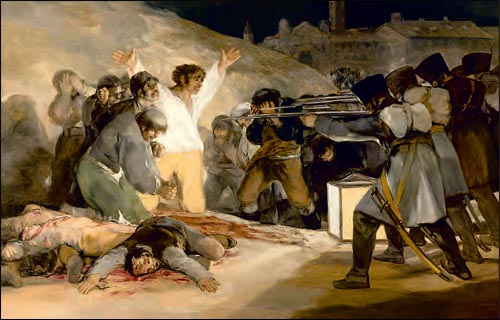 Γκόγια (1746-1828). Η εκτέλεση των εξεγερμένων της 3ης Μαΐου 1808 στη Μαδρίτη, 1814, ελαιογραφία σε μουσαμά, Μαδρίτη, Πράδο. Η εξέγερση Ισπανών πατριωτών εναντίον της γαλλικής κατοχής αποδίδεται με συγκλονιστικό τρόπο. Το έργο αποτελεί ύμνο στην αντίσταση και διαμαρτυρία εναντίον της βίας και της βαρβαρότητας.