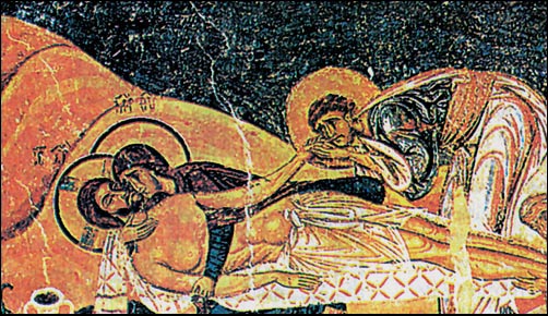 Ο Ενταφιασμός του Χριστού, Άγιος Παντελεήμων, Νέρεζι, 12ος αι. Η έκφραση του πάθους και της οδύνης αποτελεί καινοτομία της εποχής, όχι μόνο για τη βυζαντινή, αλλά και για την ευρωπαϊκή ζωγραφική" (Μ. Χατζηδάκης, I.E.Ε., Θ', σελ. 405).