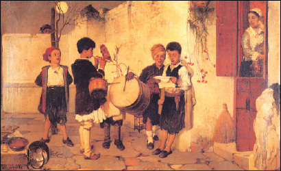 «Τα κάλαντα» του Νικηφόρου Λύτρα (Οι Έλληνες ζωγράφοι: ιστορία της νεοελληνικής ζωγραφικής, εκδ. Μέλισσα 1974).