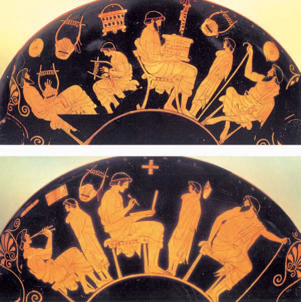 Σκηνές σχολείου από την αρχαιότητα ζωγραφισμένες σε αγγεία (485480 π.Χ.) (Ελληνική τέχνη: αρχαία αγγεία, Εκδοτική Αθηνών).