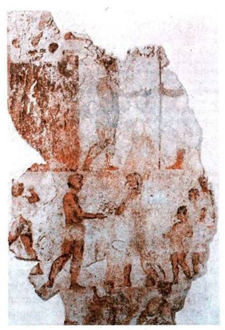 Ρωμαίοι και Σαμνίτες που συνάπτουν συνθήκη (ταφική τοιχογραφία από τη Ρώμη, 4ος αι. π.Χ.).