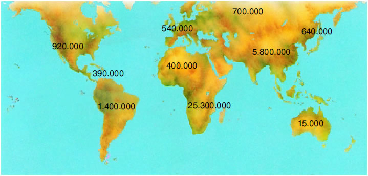 Εικόνα 1.37: Κατανομή κρουσμάτων ΑΙDS σε όλο τον κόσμο (δεδομένα 2001)