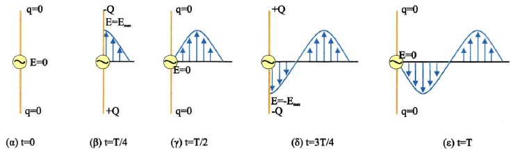 Σχ. 2.19 Ο κύκλος λειτουργίας ταλαντούμενου ηλεκτρικού δίπολου. Στο σχήμα απεικονίζεται μόνο το ηλεκτρικό πεδίο που δημιουργείται. Το σχέδιο δεν ανταποκρίνεται στις πραγματικές διαστάσεις.