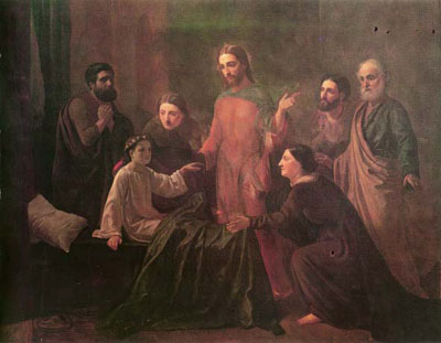 Νικόλαος Κουνελάκης(1829-1869). Η ανάσταση της κόρης του Ιαείρου. Λάδι σε μουσαμά (115εκ. Χ 155εκ.).