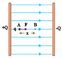 Θετικό σημειακό φορτίο q αφήνεται στο σημείο Α ομογενούς ηλεκτρικού πεδίου. Το πεδίο ασκεί δύναμη που έχει την κατεύθυνση των δυναμικών γραμμών.