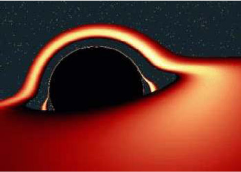Προσομοίωση μαύρης τρύπας σε υπολογιστή. Η ύλη έλκεται από μια μαύρη τρύπα σχηματίζοντας γύρω της ένα περιστρεφόμενο δίσκο. Τα άτομα των αερίων που σχηματίζουν το δίσκο επιταχυνόμενα αποκτούν τόση ενέργεια ώστε μετατρέπονται σε ισχυρότατες πηγές ακτίνων Χ. Σε περιοχές του σύμπαντος όπου ανιχνεύουμε ασυνήθιστα μεγάλης έντασης εκπομπή ακτινοβολίας Χ υποπτευόμαστε την ύπαρξη μιας μαύρης τρύπας.
