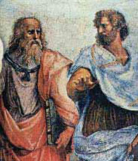 φωτ 7.2 Ο Αριστοτέλης (δεξιά) με τον Πλάτωνα, σε λεπτομέρεια από τον πίνακα του Ραφαήλ «Ακαδημία του Πλάτωνα».