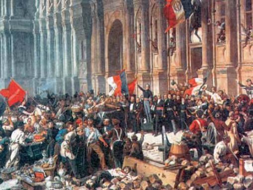 4. Ε. Φιλιποτό, Η επανάσταση του 1848 στη Γαλλία. Οι φιλελεύθεροι υψώνουν την τρίχρωμη σημαία ως εθνικό έμβλημα της Γαλλίας (δεξιά) τη στιγμή που οι σοσιαλιστές απέναντί τους υψώνουν την κόκκινη σημαία (αριστερά).